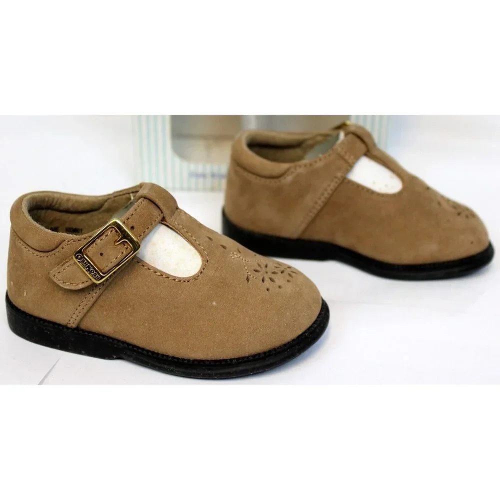 2001 OshKosh B'Gosh Baby First Walkers Shoes sz 3.5 Olive Leather Strap Floral